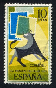 SPAIN - CIRCA 1965: stamp printed by Spain, shows Bull and Symbolic Stamps, circa 1965