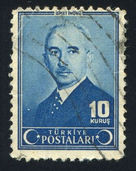 TURKEY - CIRCA 1945: stamp printed by Turkey, shows Mustafa Ismet Inonu, President, circa 1945.