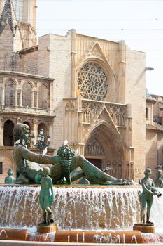 Valencia Plaza de la virgen square with Neptuno fountain and Cathedral at Spain