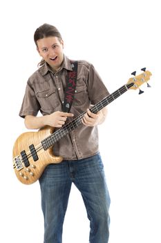 Bass guitarist playing his bass with a smile (Series with the same model available)