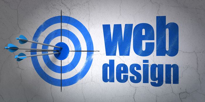 Success web design concept: arrows hitting the center of target, Blue Web Design on wall background, 3d render