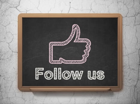 Social media concept: Thumb Up icon and text Follow us on Black chalkboard on grunge wall background, 3d render
