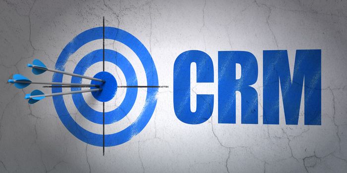 Success business concept: arrows hitting the center of target, Blue CRM on wall background, 3d render