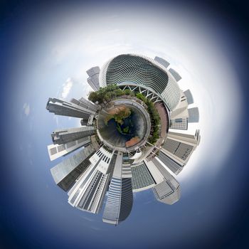 Singapore downtown skyline with skyscrapers, 360 degree miniplanet (Elements of this image furnished by NASA)