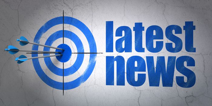 Success news concept: arrows hitting the center of target, Blue Latest News on wall background, 3d render