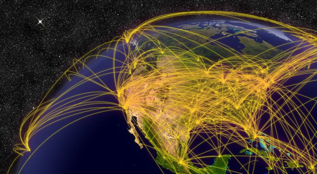 Air travel network over North America. Elements of this image furnished by NASA.