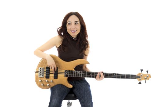 Young woman playing a bass guitar (Series with the same model available)