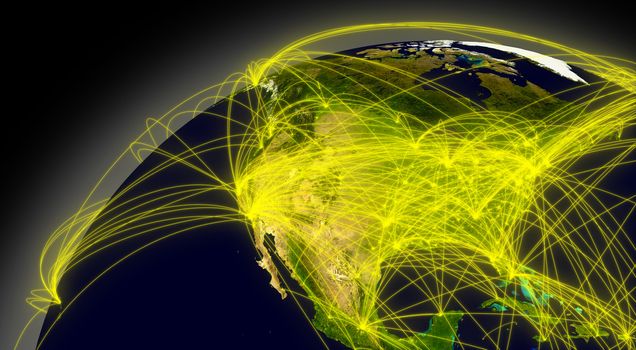 North America viewed from space with connections representing main air traffic routes. Elements of this image furnished by NASA.