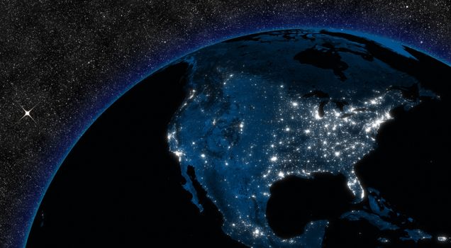 Night in North America with city lights viewed from space. Elements of this image furnished by NASA.
