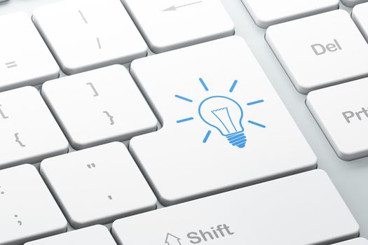 Business concept: Enter button with Light Bulb on computer keyboard background, 3d render