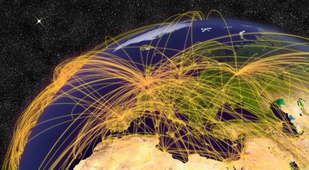 Air travel network over Europe. Elements of this image furnished by NASA.