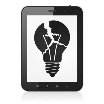 Finance concept: black tablet pc computer with Light Bulb icon on display. Modern portable touch pad on White background, 3d render