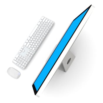 Modern desktop computer with white blank screen isolated on white background
