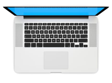 Laptop computer blank white screen isolated on white background viewed from top