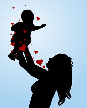 Illustration of a mother holding her baby in the air, with love hearts