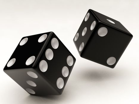 two black dices falling on a white background