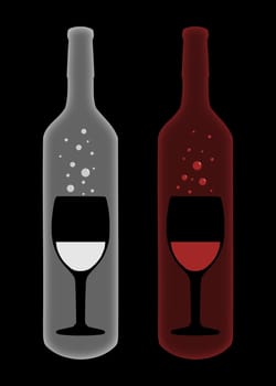 Illustration of bubbling wine glasses inside a bottle of red and white wine