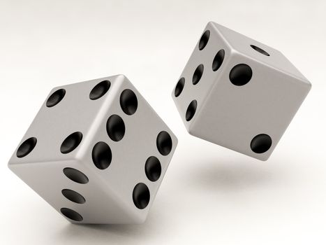 two white dices falling on a white background