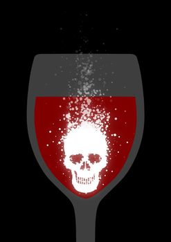 Illustration of a fizzing skull shaped tablet dissolving in red liquid