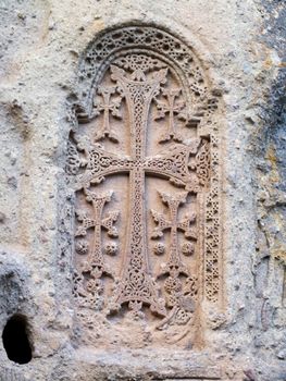 There are numerous engraved and free-standing khachkars at the cliffside Geghard Monastery in Armenia