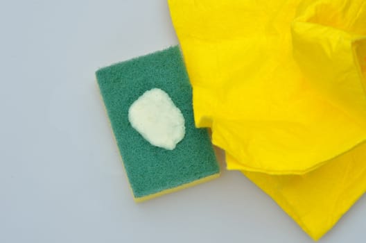 sponge and cloth with cleaning fluid