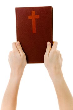 on a white background children's hands holding a bible