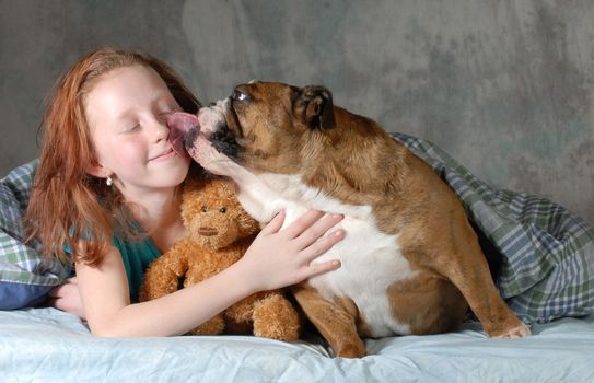 girl and her dog - pre teenage girl ready for cuddling with her dog - english bulldog