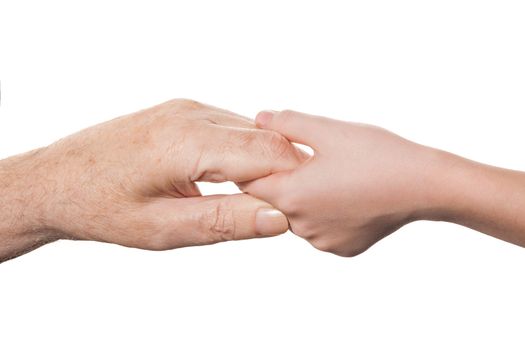 Old and young hands of father and child. Isolated on white background.