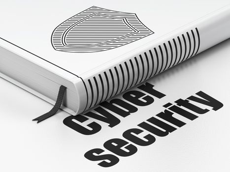 Security concept: closed book with Black Shield icon and text Cyber Security on floor, white background, 3d render