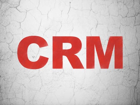 Business concept: Red CRM on textured concrete wall background, 3d render