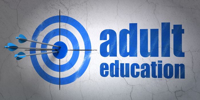Success Education concept: arrows hitting the center of target, Blue Adult Education on wall background, 3d render