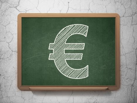 Currency concept: Euro icon on Green chalkboard on grunge wall background, 3d render