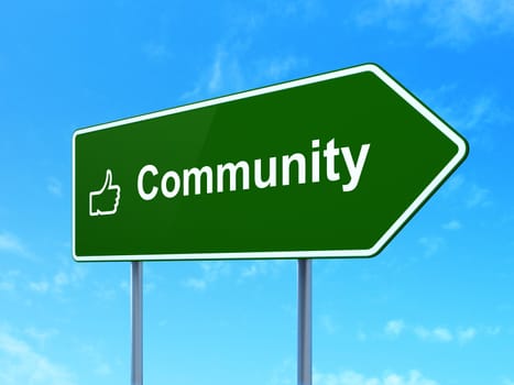 Social network concept: Community and Thumb Up icon on green road (highway) sign, clear blue sky background, 3d render