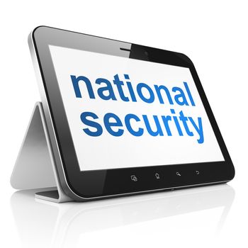 Privacy concept: black tablet pc computer with text National Security on display. Modern portable touch pad on White background, 3d render