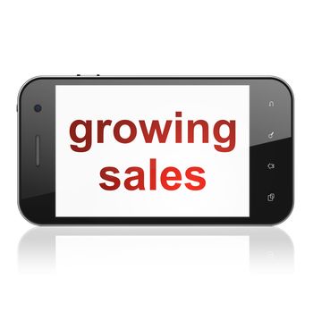 Business concept: smartphone with text Growing Sales on display. Mobile smart phone on White background, cell phone 3d render