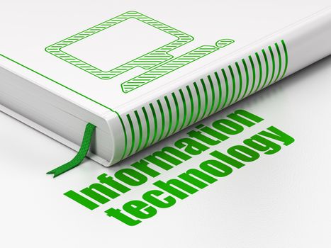 Information concept: closed book with Green Computer Pc icon and text Information Technology on floor, white background, 3d render