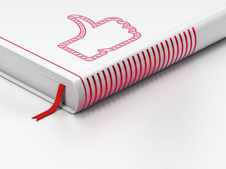 Social network concept: closed book with Red Thumb Up icon on floor, white background, 3d render