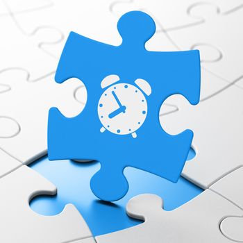 Time concept: Alarm Clock on Blue puzzle pieces background, 3d render