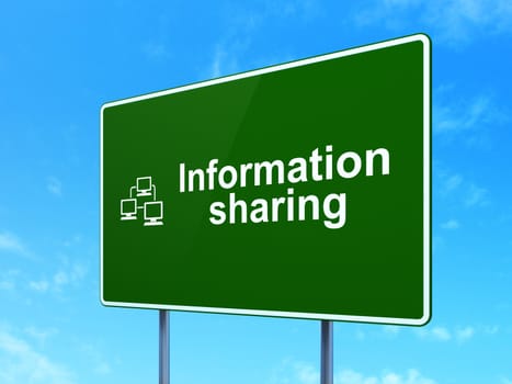 Data concept: Information Sharing and Lan Computer Network icon on green road (highway) sign, clear blue sky background, 3d render