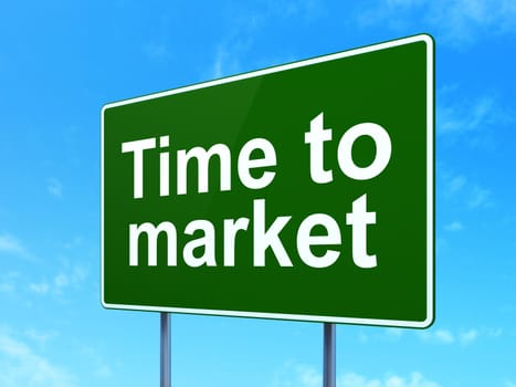 Time concept: Time to Market on green road (highway) sign, clear blue sky background, 3d render