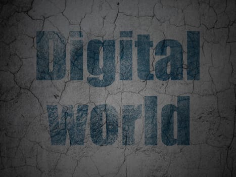 Data concept: Blue Digital World on grunge textured concrete wall background, 3d render