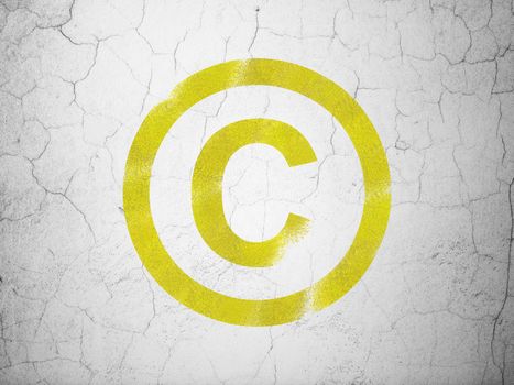 Law concept: Yellow Copyright on textured concrete wall background, 3d render