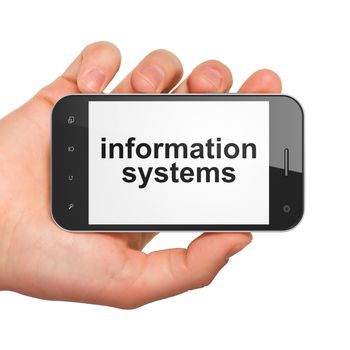 Data concept: hand holding smartphone with word Information Systems on display. Mobile smart phone on White background, 3d render