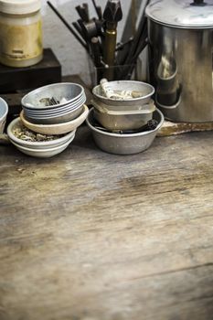 close up of a wooden table in a art and craft workshop.