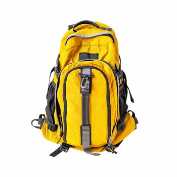 A high-resolution image of an isolated yellow-colored rucksack on white background. High-quality clipping path included.