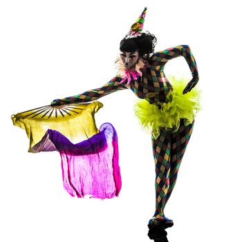 one caucasian woman harlequin circus dancer performer in silhouette studio isolated on white background