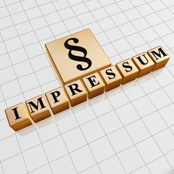 impressum and paragraph sign - text and symbol in 3d golden cubes with black letters, business concept