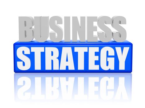 business strategy text - 3d blue and white letters and block, business concept words