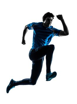 one caucasian man running sprinting jogging in silhouette studio isolated on white background