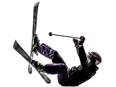 one caucasian woman skier skiing falling in silhouette on white background